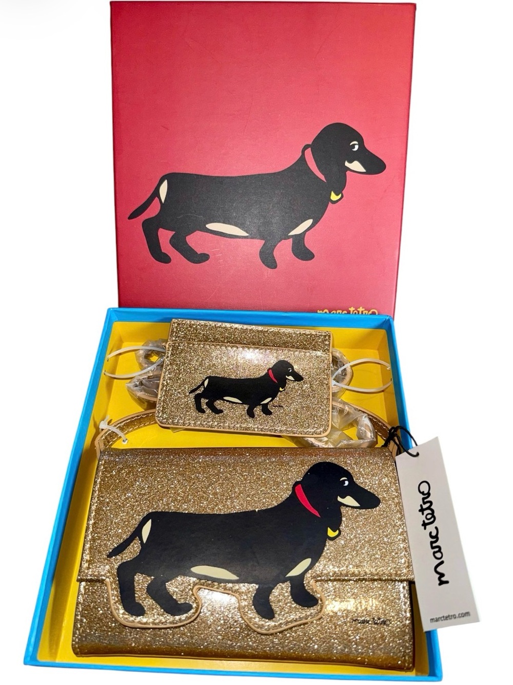 NEW! Marc Tetro Dachshund Gold Glitter Crossbody Bag Purse PU Leather Set